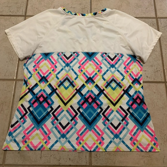 Neon Geometric Print Athleisure Top with White Sleeves - Size L - Picture 2 of 4